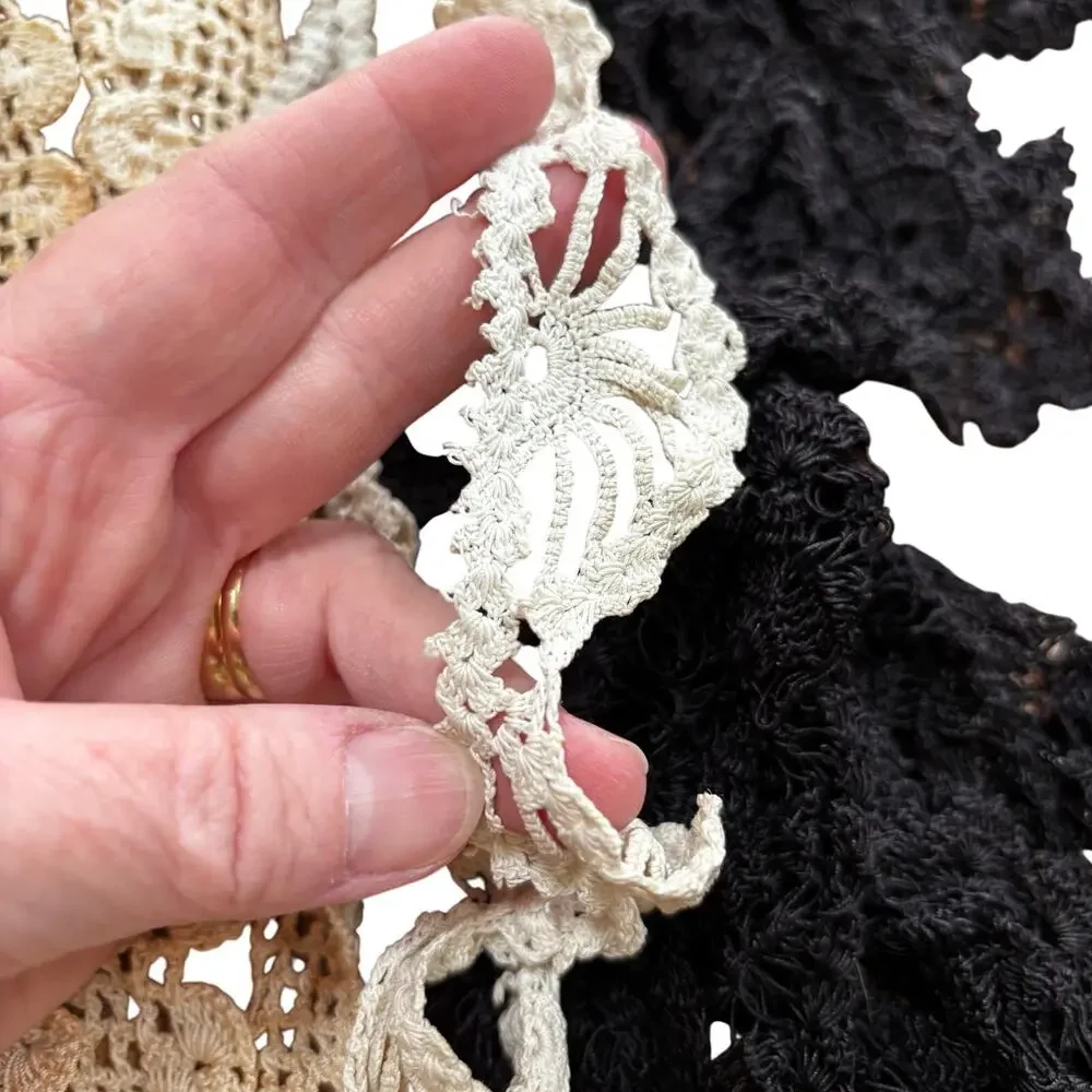 Vintage hand crochet lace remnants including beige & black 1+ yard each as found